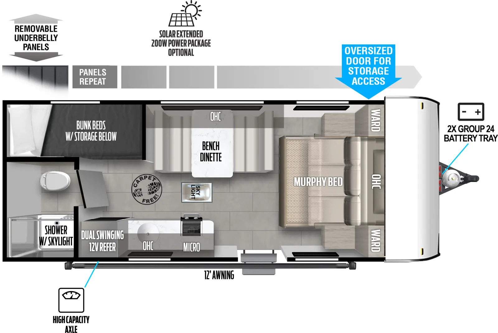 The 177BH has zero slideouts and one entry. Exterior features removeable underbelly panels, optional solar extended 200W power package, storage, high capacity axle, 12 foot awning, and front 2X group 24 battery tray. Interior layout front to back: carpet-free RV; side-facing queen bed with door side wardrobe; off-door side booth dinette with overhead cabinet and skylight; door side entry, kitchen counter with cooktop and sink, microwave, overhead cabinet, and dual swinging 12V refrigerator; rear off-door side bunk beds with storage below; rear door side bathroom with toilet, and shower with skylight only.